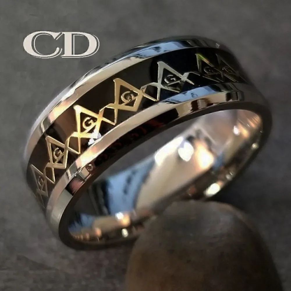 Masonic Compass Ring Engraved Personalized Black Gold Band - Freemason Ring